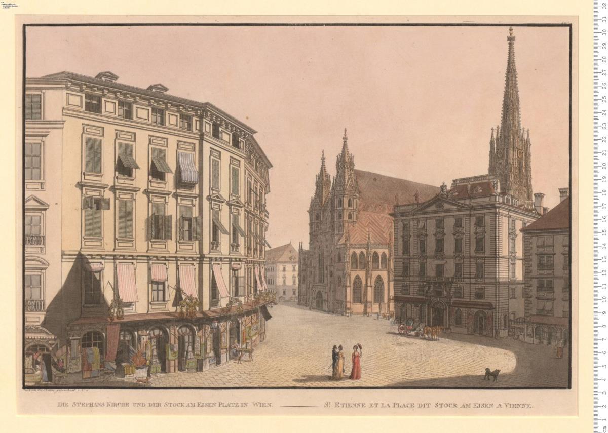 Aus den "Aussichten der Residenzstadt Wien ..." 2 Bl: Nr. 3: Platz der K. K. Hofbibliothek; Nr. 12: Stephans Kirche ...
