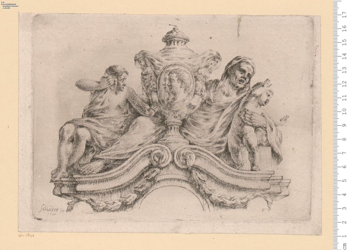 Giebelbekrönung für das Erbbegräbnis des Hofgoldschmieds D. Männlich in der Nikolaikirche zu Berlin, bez: Schlüter int. B. Rode. [Schlüter Jnv. 1700]