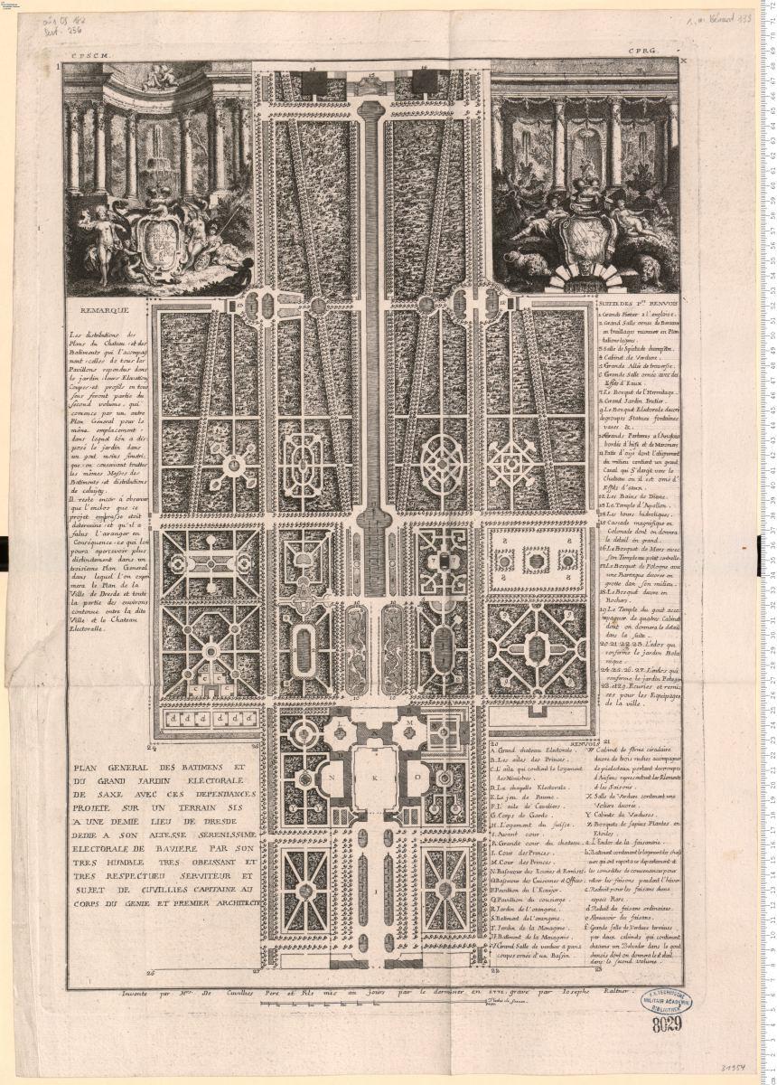 Folge X, Blatt 1: Plan General Des Batiments Et Du Grand Jardin Electorale ... Inventé par M.rs De Cuvillies Pere et Fils ... mis au jour 1771. grave par Iosephe Kaltner
