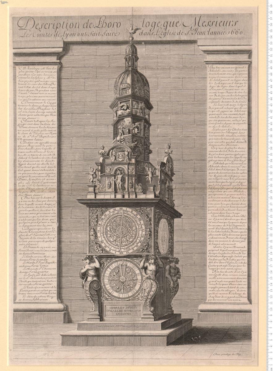 Description de L'horologe que Messieurs Les Comtes de Lyon ont fait faire dans L'Eglise de St. Jean lannée 1660. Cordie deleneavit J. J. Thourneyser Sculpsit 1677 (an der Uhr Schild mit Aufschrift:) Opera Et Stvdio Gvillelmi Novrrison Lvgdvni.