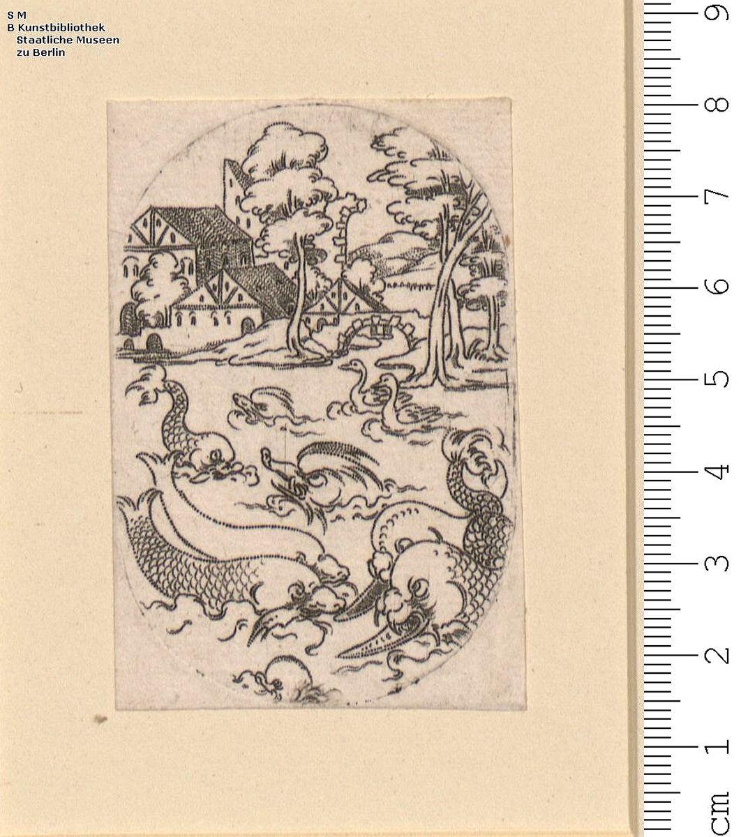 (6) 4 Blatt phantastische Seetiere mit Landschaften (hochoval)