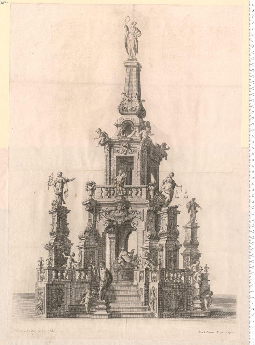 1 Bl. turmartiger Festaufbau mit Aufschrift: Farnesiano Parma. Mauritius Lotici Parm ... inve: et deli: Ioseph Patrini Parmen: sculpsit.