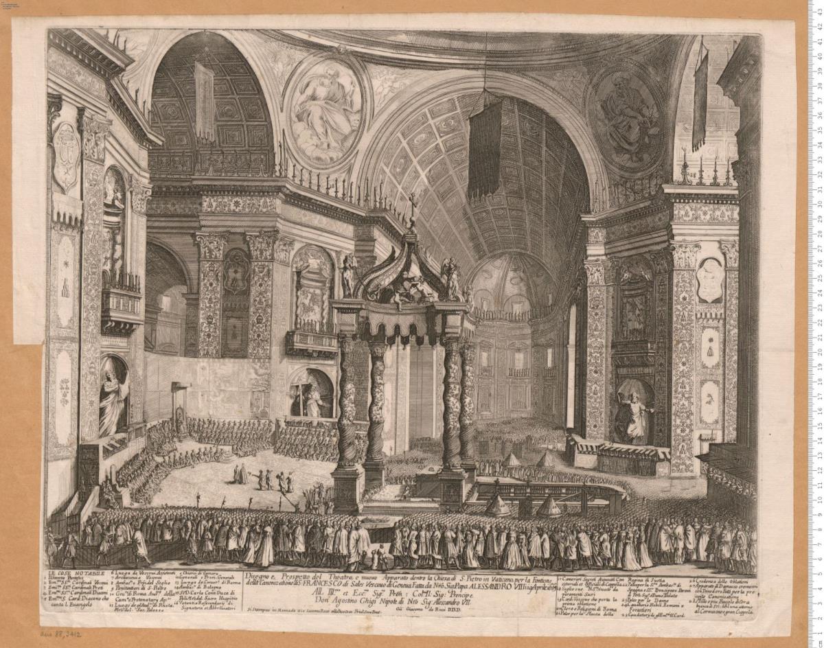 Disegno e, Prospetto del Theatro ... dentro la Chiesa di S. Pietro in Vaticano, per la ... Canonizatione di S: Francesco di Sales ... Fatta ... 1665 ... Si Stampao in Roma da Gio. Giacomo Rossi ...