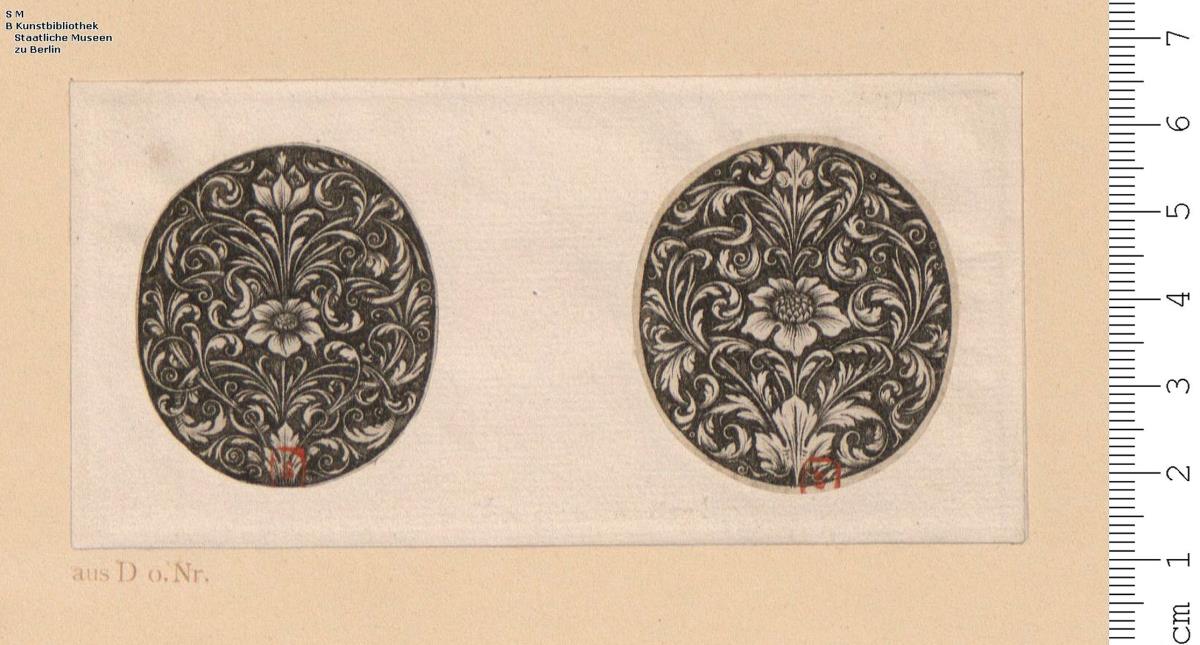 1 Blatt Schwarzornament: 2 ovale Ausschnitte mit Blumenwerk auf schwarzem Grunde