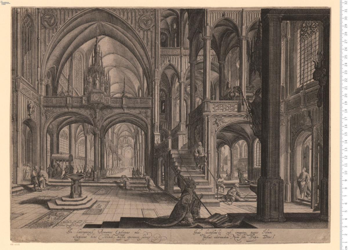 Inneres einer gotischen Kirche mit Figuren. Hendrick Arts Inv. Joannes Londerseel sculp.