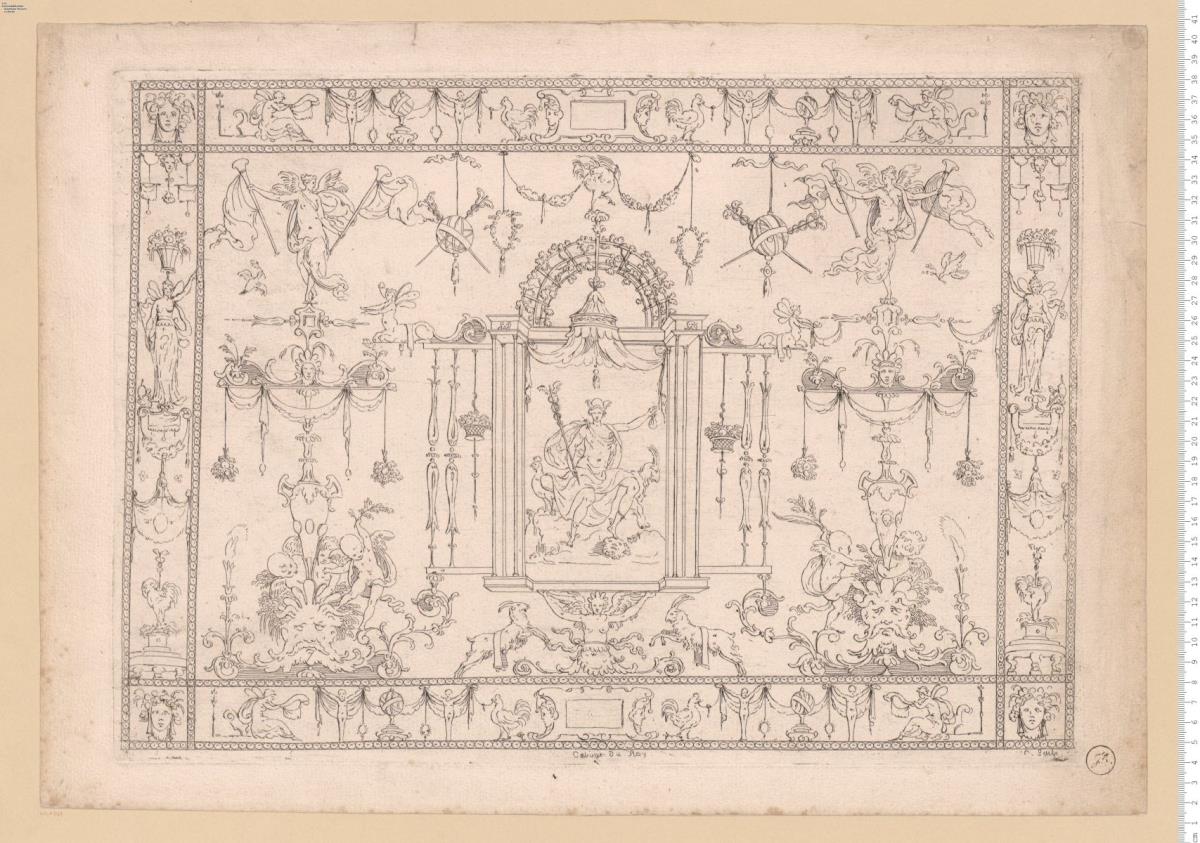 1 Blatt große Füllung nach Art eines Wandteppichs mit Grottesken, in der Mitte Merkur, bez: Cabinet du Roy. C(ochin) Sculp.