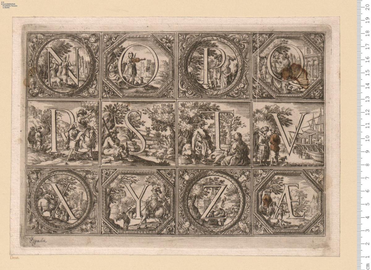 Folge: Kapital-Alphabet mit Landschaften und Figuren, in quadratischen Feldern. Das eine Blatt bez: V Spada (zsgz.).
