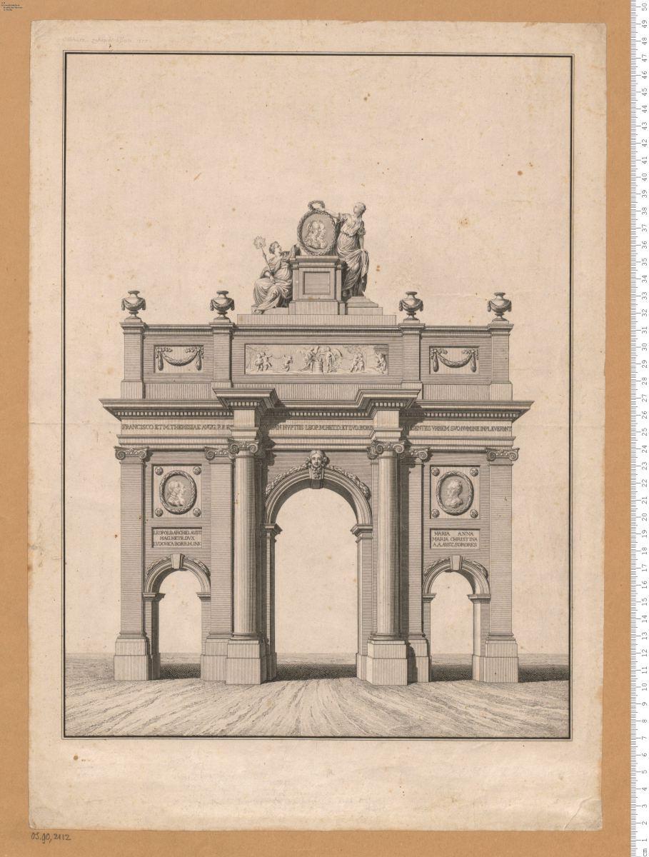 Arcus Oenipontani Facies ... ob Fatum Imperatoris Fancisci ... e vivis erepti, jussu M. Theresiae ... in perenne luctus monumentum versa. (oben bez:) C. Schütz. zehende [Eilffte] bllate 1777.