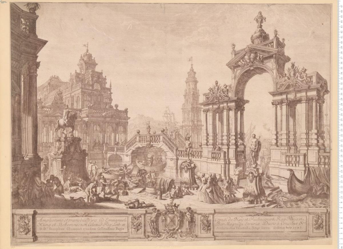 Bühnenbild: Phantasiearchitektur mit Staffage; mit Widmung, unterzeichnet: Iosephus Chamant ... Architectus Theatralis, Pictor Inven: Delin. et Sculp. 1743.