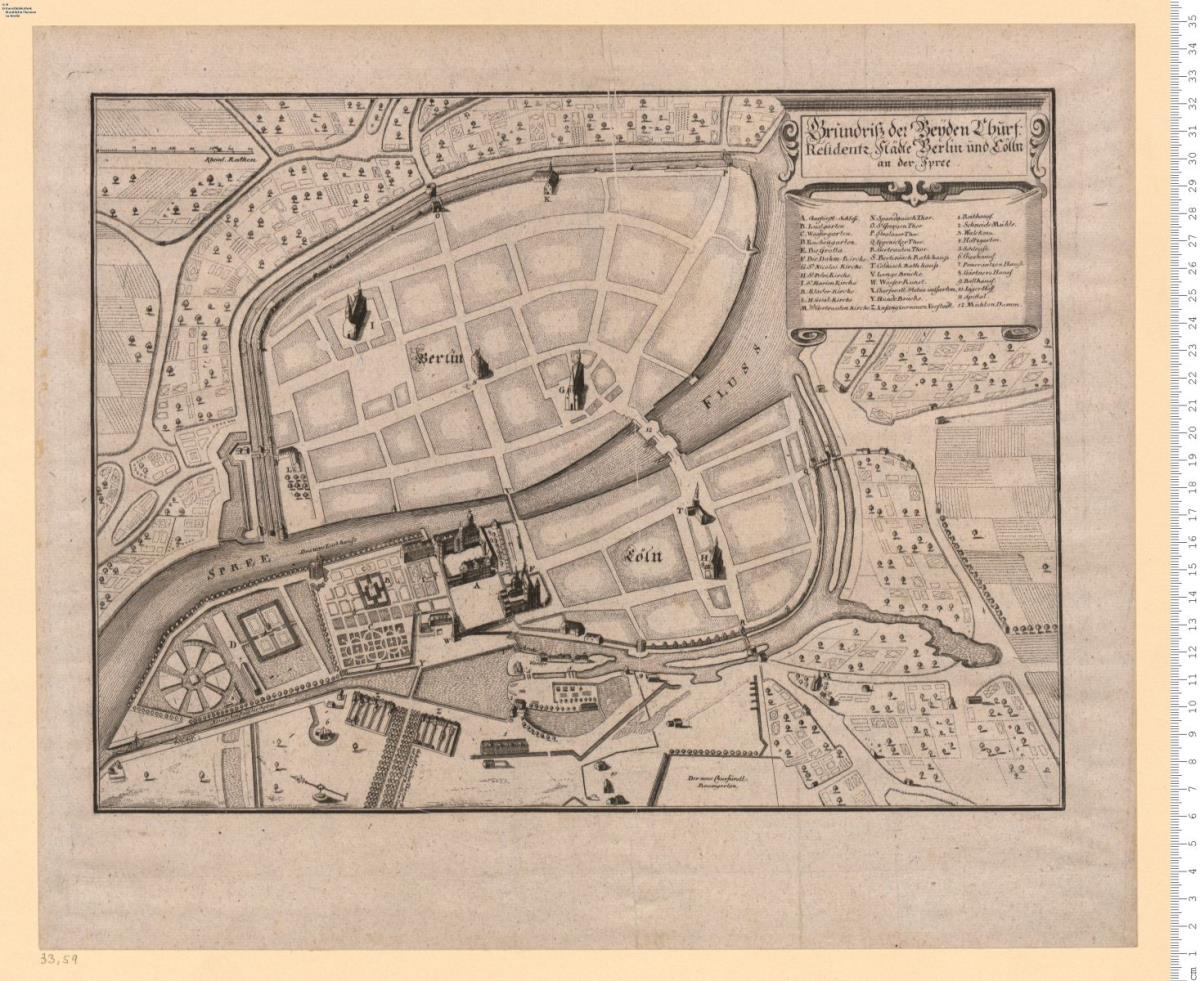 2 Blatt aus Müllers und Küsters "Altes und Neues Berlin ...": 1. Residentia Electoralis Brandenburgica; 2. Grundriß der beiden Churf. Residentz Städte Berlin und Cölln.