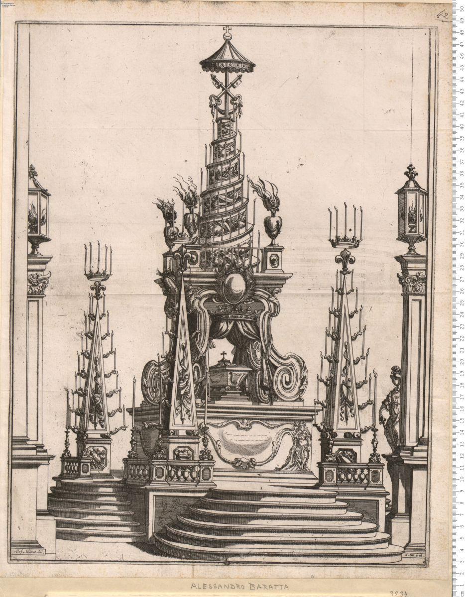 1 Bl. Katafalk für den Herzog Ranucio II. von Parma. Ales. Barat. del. N. Alu. scul. [Aus: Teatro funebre ... nell' occasione delle ... esegue fatte celebrate ... per la grand'anima del Duca Ranucio II. ... 1695. Parma]