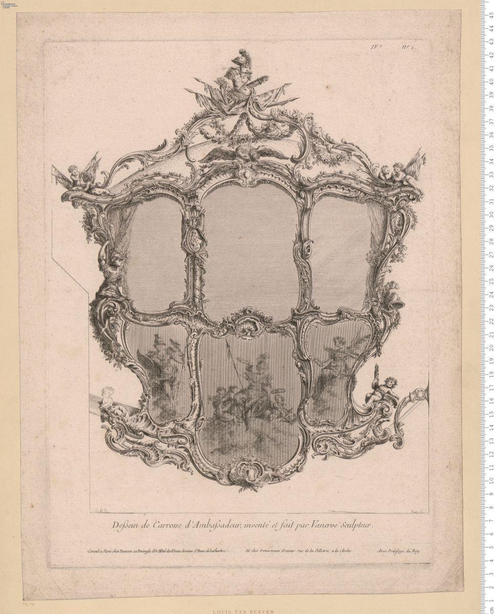 Deßin de Carosse d'Ambaßsadeur, inventé et fait par Vanerve Sculpteur. Cevend a Paris chés Francois ... Et chés Demarteaux ... Paty sc.