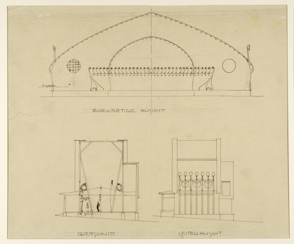 Darmstadt, provisorisches Galeriegebäude, Gebäude für Flächenkunst, Aufrisse der rückwärtigen Fassade und einer Seitenfassade sowie Schnitt
