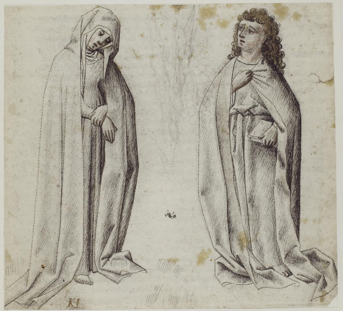 Maria und Johannes als Einzelfiguren, dazwischen das Kreuz