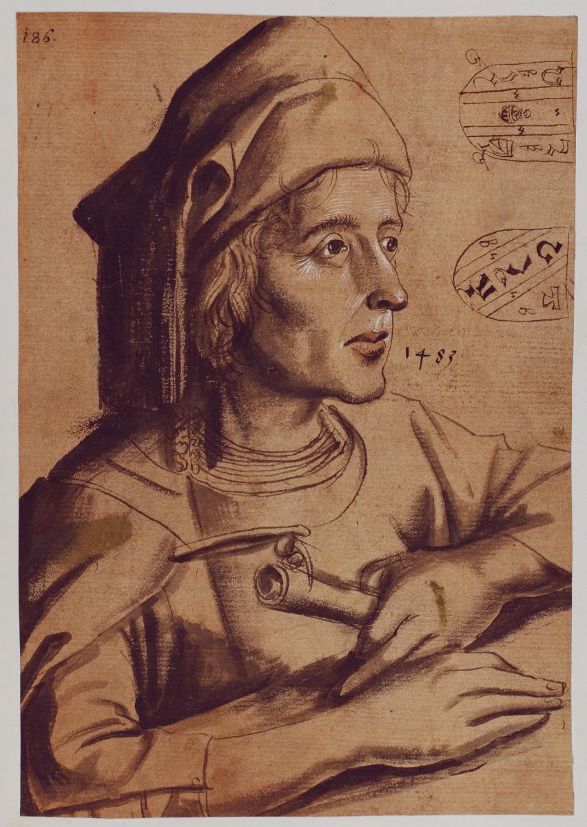 Brustbild eines jungen Mannes mit Mütze und Schriftrolle und ein Wappen (fol. 28 recto)