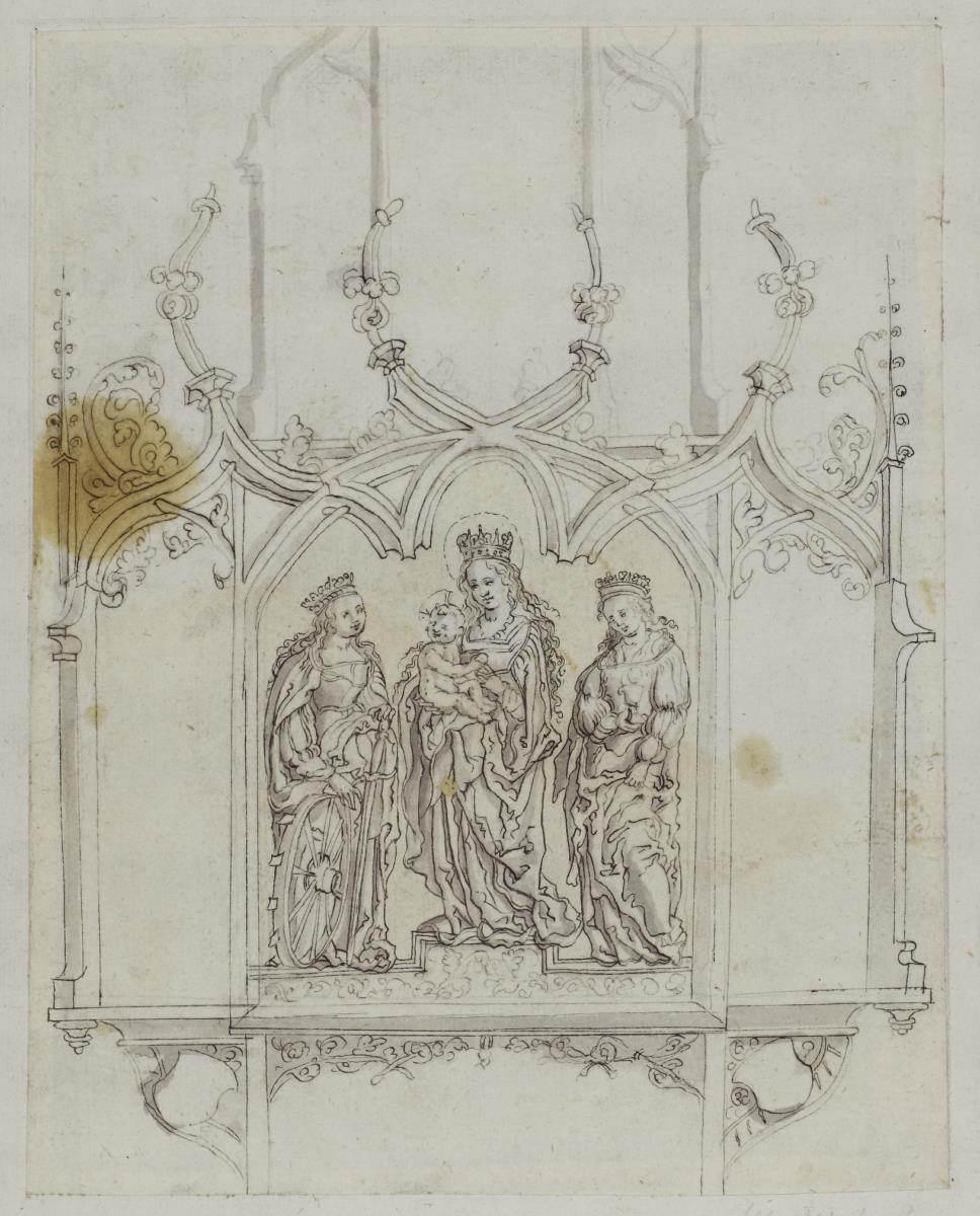 Spätgotischer Altar mit den Standfiguren der gekrönten Muttergottes zwischen den hll. Katharina und Walburga