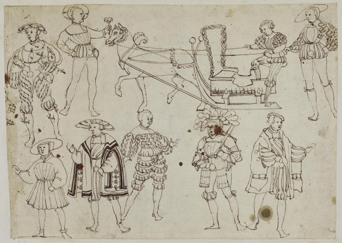 Studien bzw. Nachzeichnungen eines Schlitten und Figuren für einen Umzug