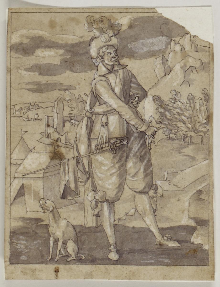 Feldherr mit Hund vor einem Zeltlager in der Landschaft