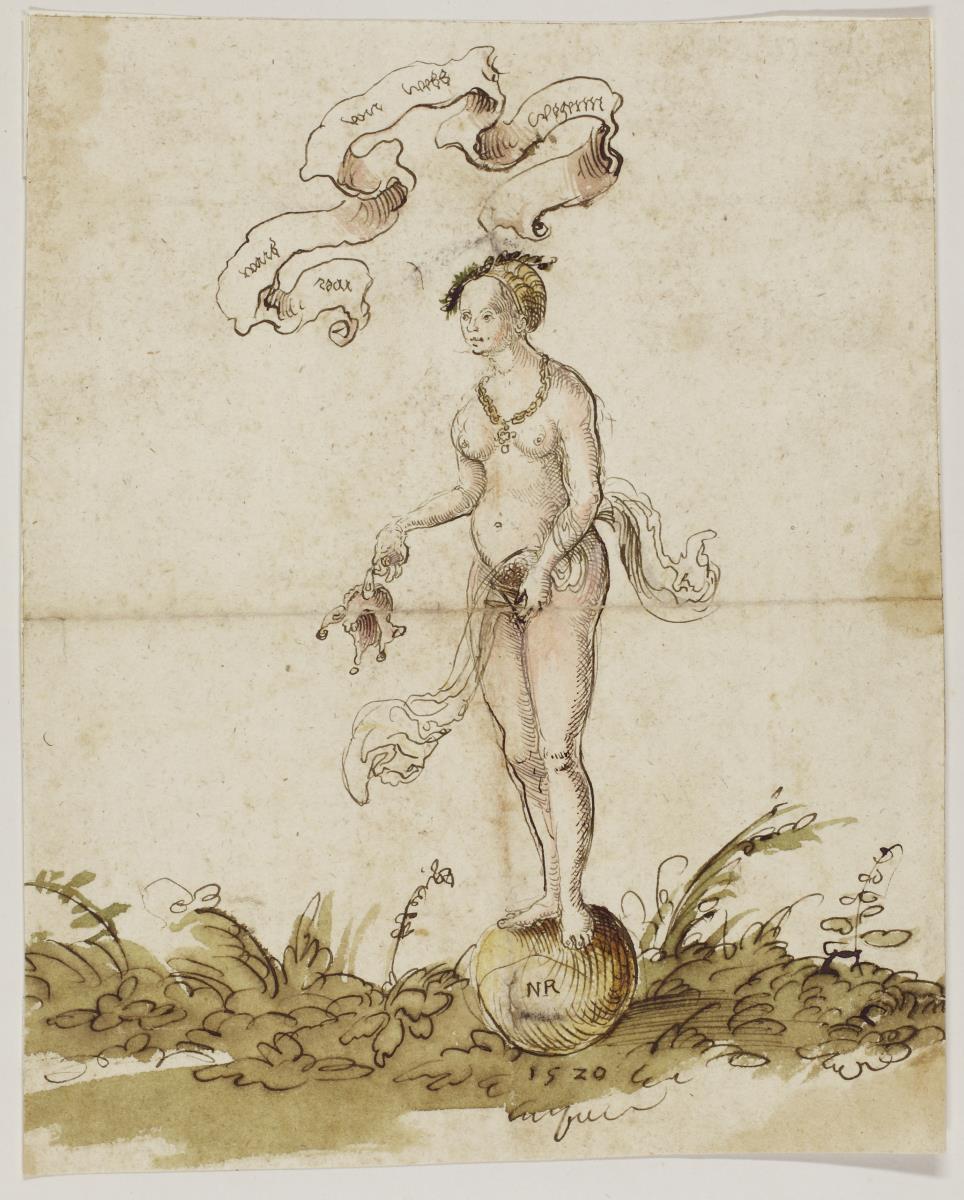 Fortuna mit Narrenkappe auf der Kugel