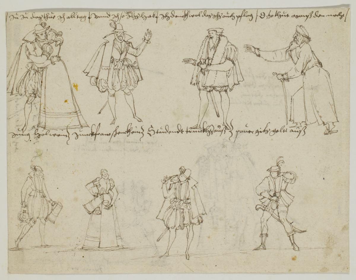 Studienblatt mit kleinen Figuren (Wandabwicklung mit Programmaufschriften ?), (Nachzeichnungen aus Basel, Mitte 16. Jahrh.)