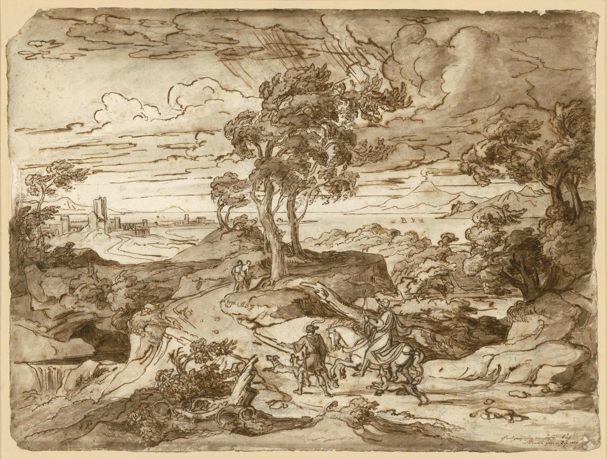 Landschaft bei Gewitter mit heimkehrenden Jägern