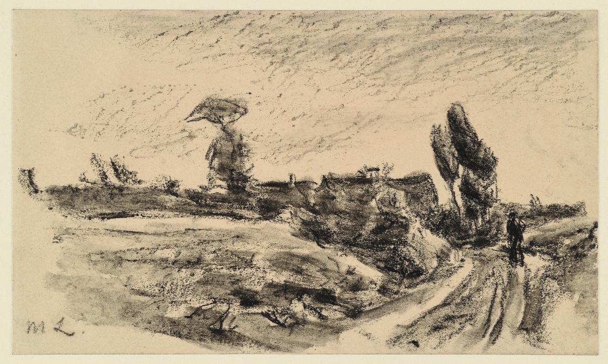 Landschaft mit männlicher Rückenfigur auf breitem Sandweg, im Hintergrund Häuser