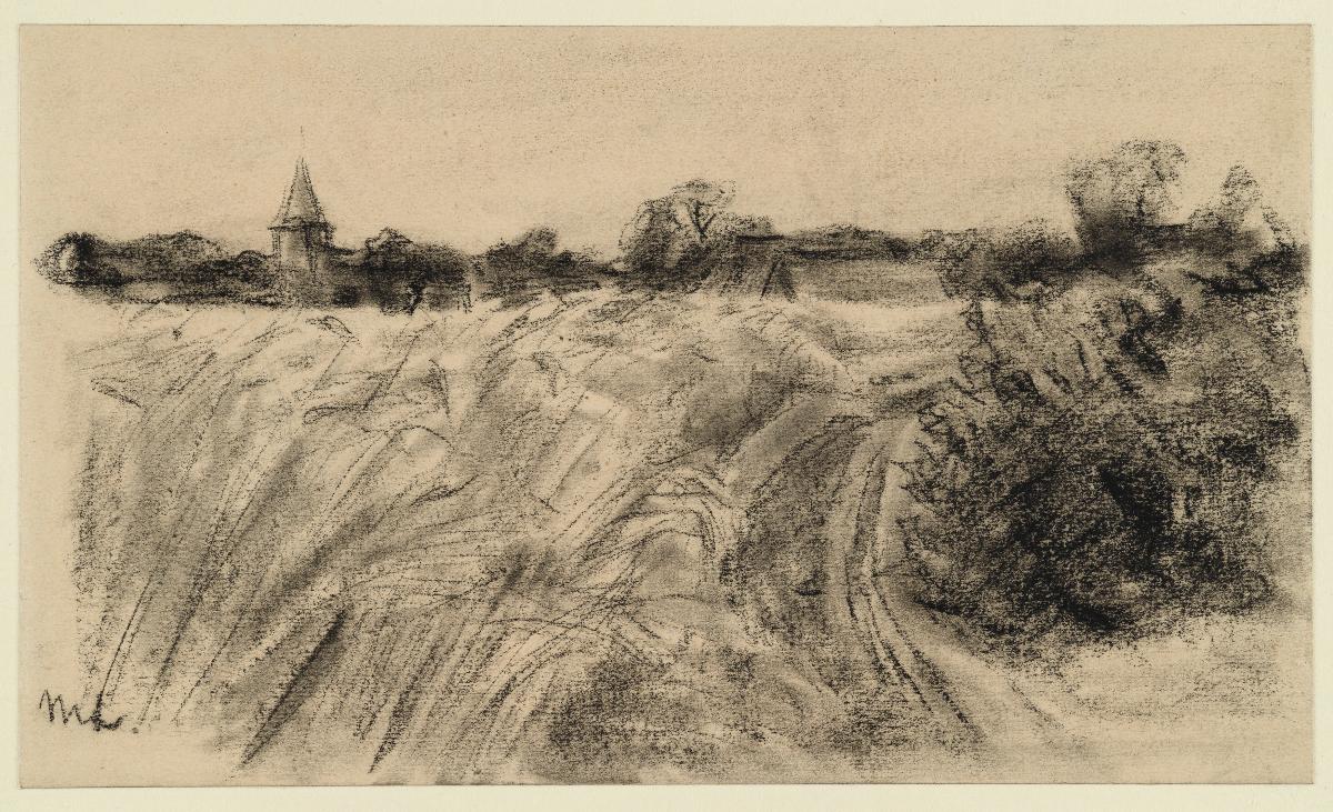 Landschaft mit Kornfeld und Kirchturm