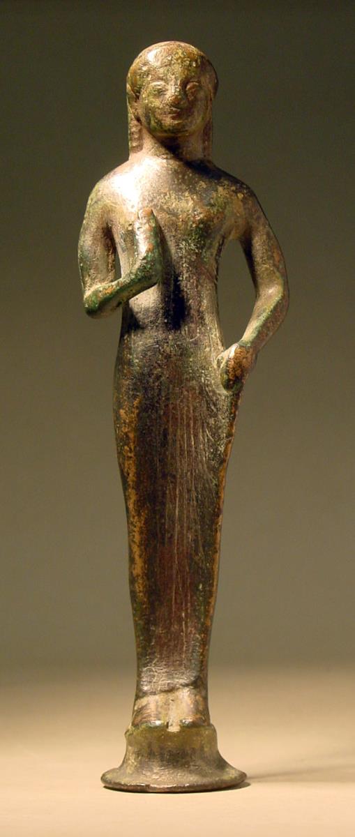 Archaische Statuette eines stehenden Mädchens, ursprünglich die Stützfigur eines archaischen Standspiegels