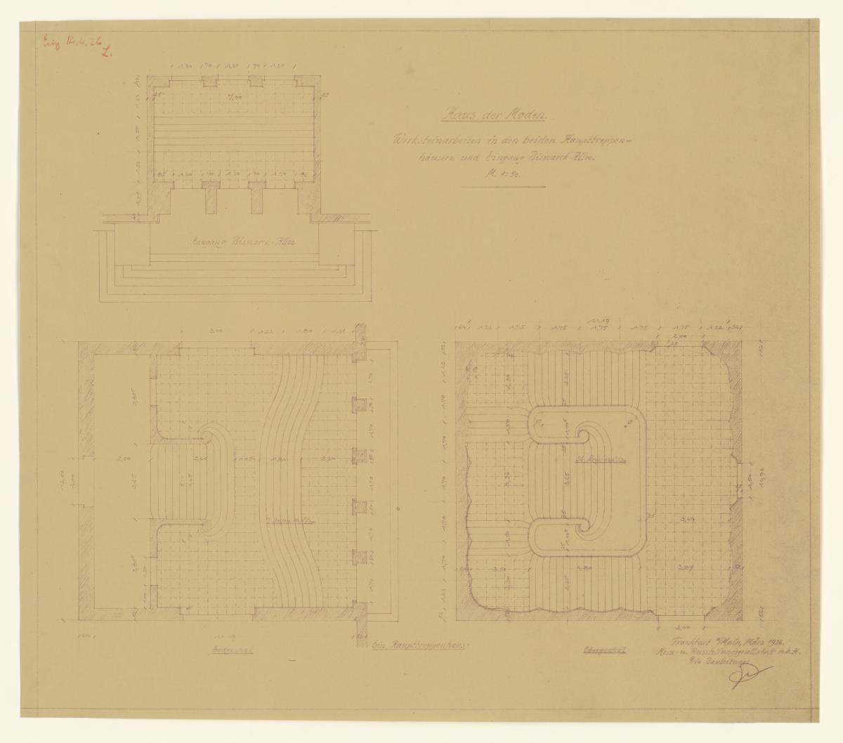 Haus der Moden, Frankfurt / Main, Werksteinarbeiten der Haupttreppenhäuser, Grundrisse, Lichtpause