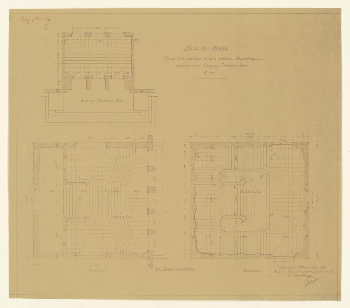 Haus der Moden, Frankfurt / Main, Werksteinarbeiten der Haupttreppenhäuser, Grundrisse, Lichtpause
