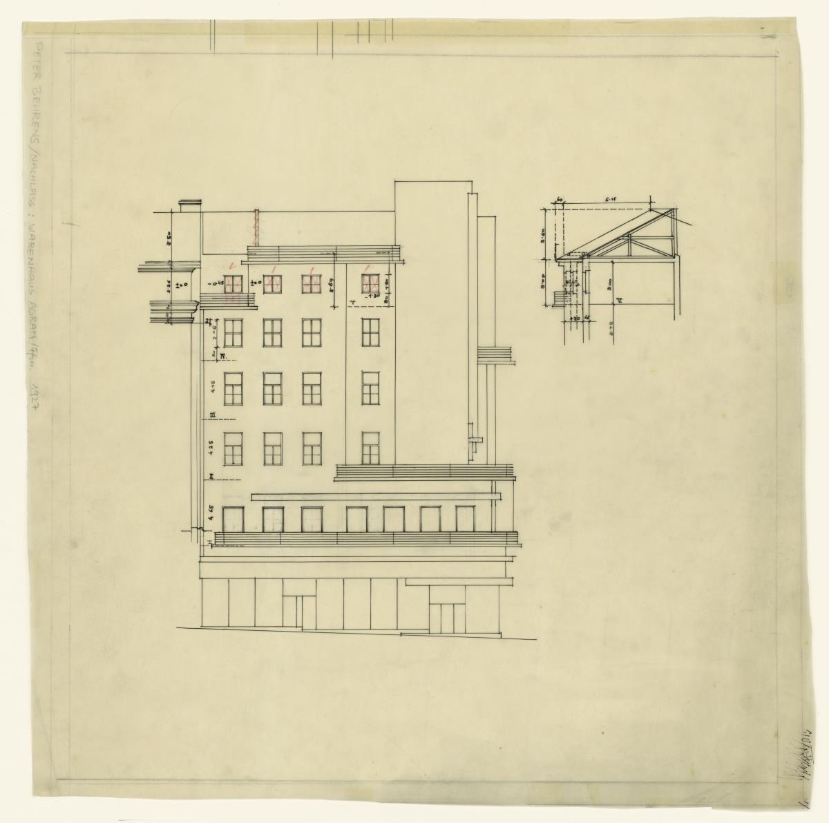Umbau Wohn- und Geschäftshaus STERN, Agram (Zagreb), Aufriss Fassade, Teilschnitt Dachzone