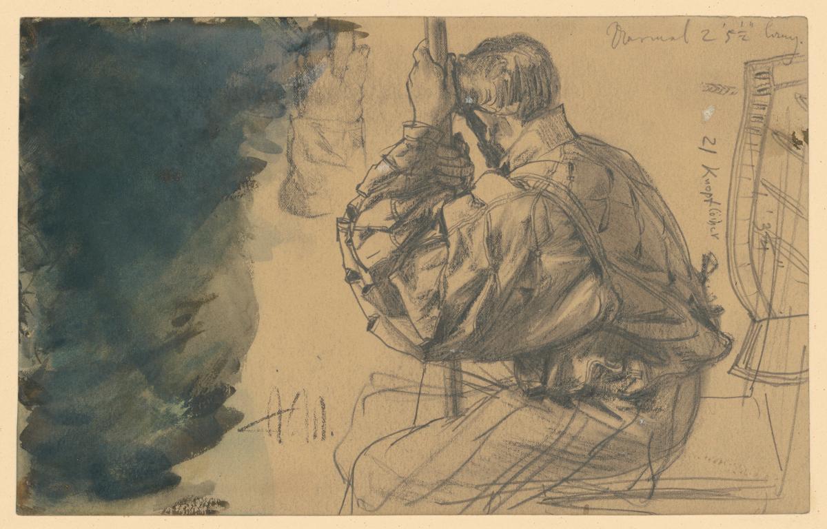 Modellstudie in Wams und Puffärmel, die Hände einen Stab umfassend sowie Detailstudien, im Welfenmuseum in Hannover