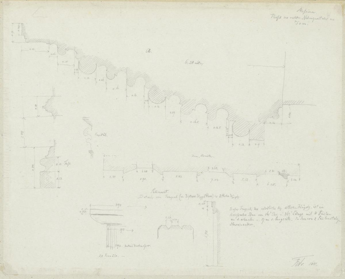 Skizzenbuch Italienreise, Messina, Dom, Profil des rechten Nebenportals und schematischer Grundriss der Fassade sowie Selinunt, Details des nördlichen Tempel des östlichen Hügels