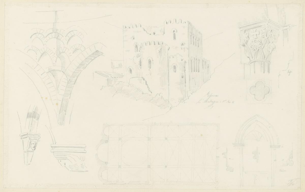 Skizzenbuch Italienreise, Messina, Santa Maria della Valle, Ansicht, Grundriss und Details