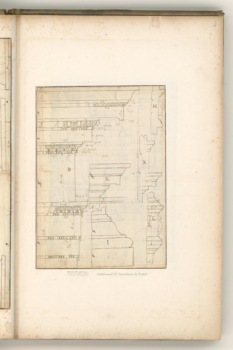 Rom, Pantheon, mehrere Details u.a. das Gebälk über dem Portal; Verso: Details der Portikus-Anlage, u.a. Grundriss einer Nische