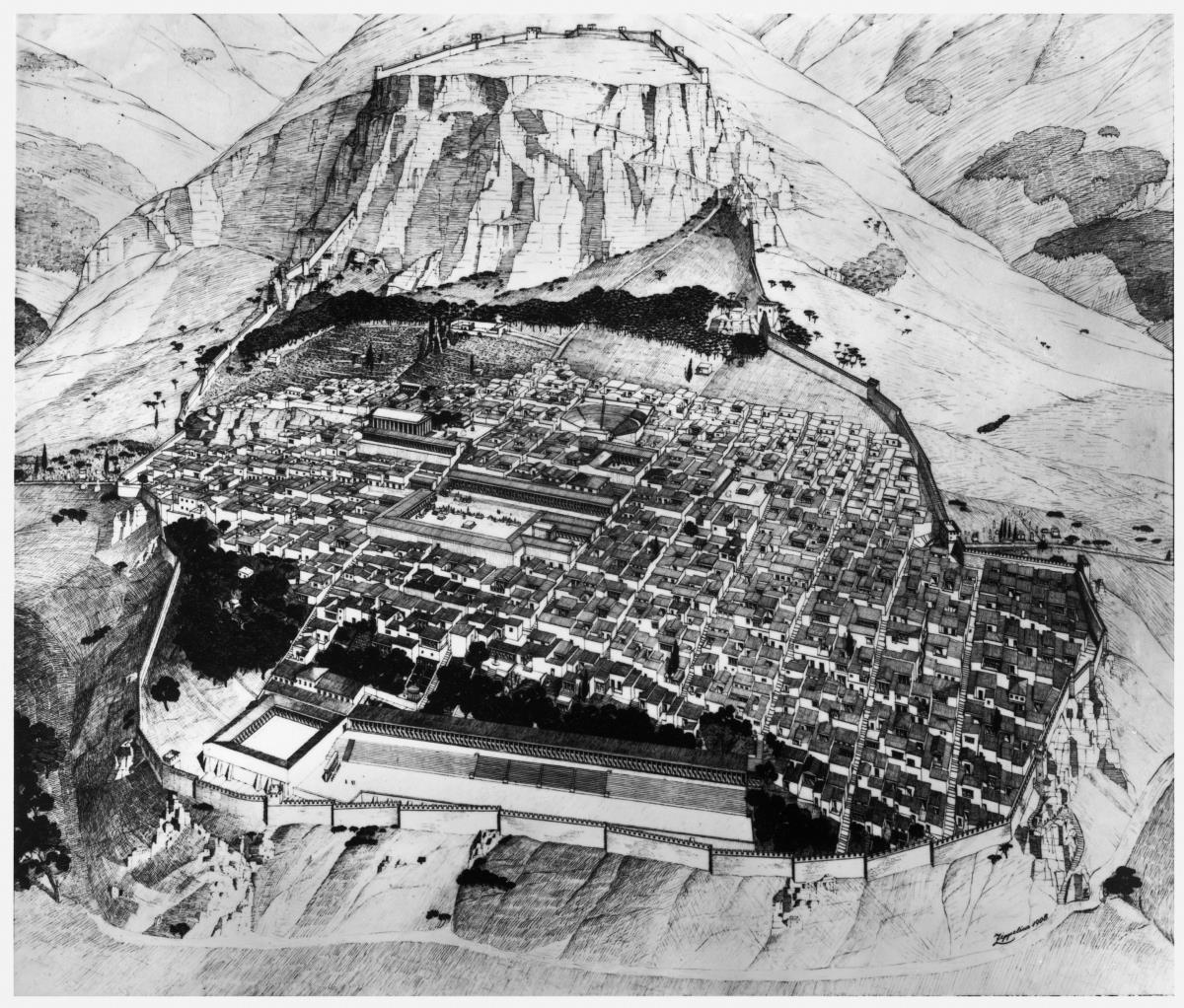 Rekonstruktionszeichnung (Tusche auf Karton): Blick auf die antike Stadt Priene