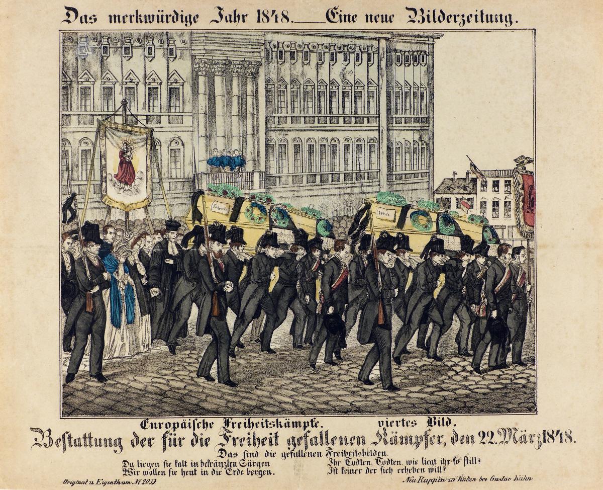 Das merkwürdige Jahr 1848. Eine neue Bilderzeitung. Europäische Freiheitskämpfe, viertes Bild. Bestattung der für die Freiheit gefallenen Kämpfer, den 22. März 1848.