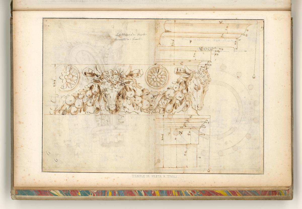 Tivoli, Vesta-Tempel; Grundriss, Aufriss und Schnitt; Verso: Gebälk des Rundtempels