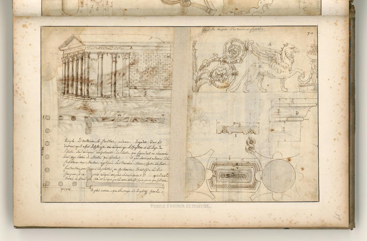 Rom, Forum Romanum, Tempel des Antonius u. Faustina, Grundrisse u.a. ; Verso: Details der Ordnung des Tempels