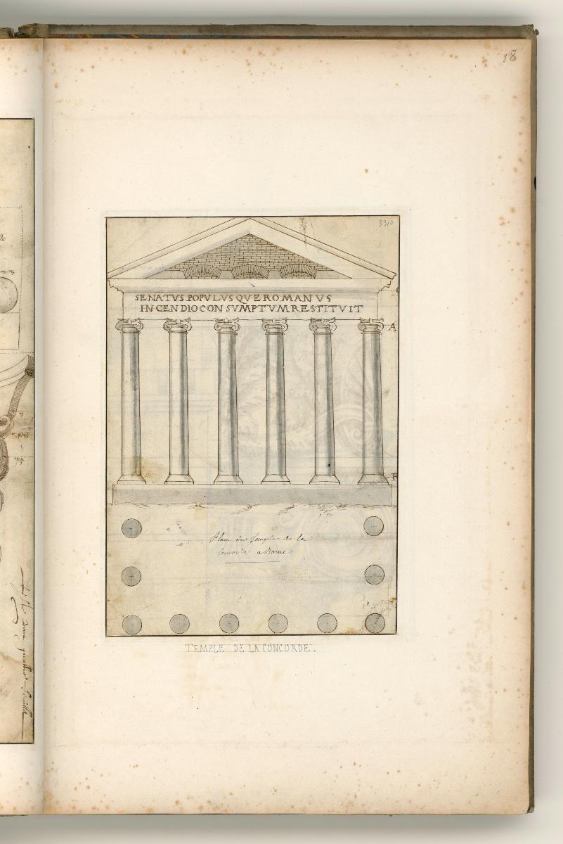 Rom, Forum Romanum, Concordia-Tempel, Grundriss und Aufriss; Verso: Architrav und Fries