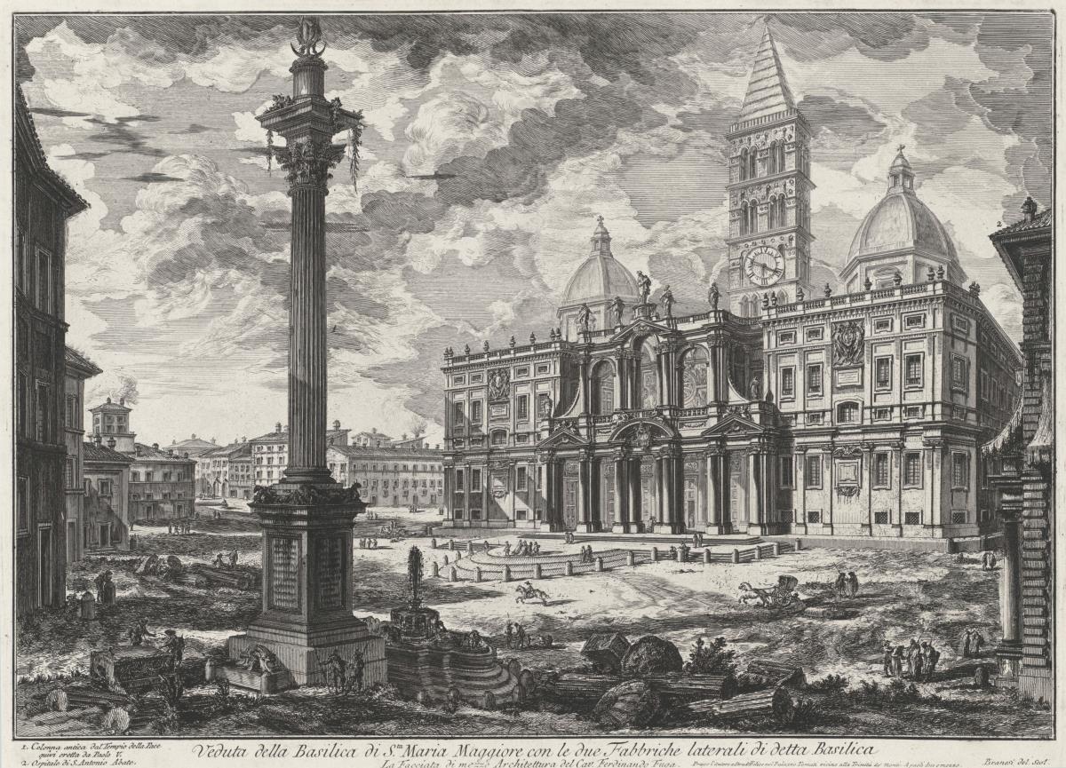 Ansicht der Basilica Santa Maria Maggiore mit den beiden seitlichen Gebäuden (aus: Vedute di Roma)