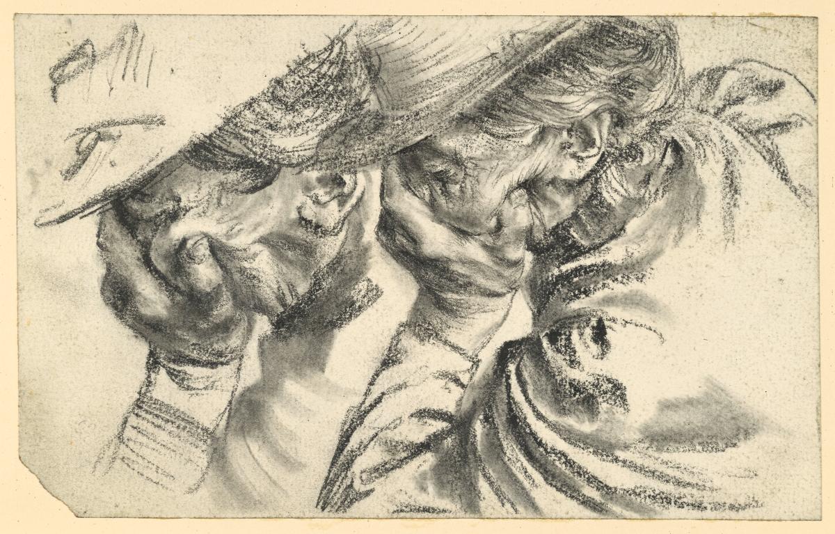 Weinende alte Frau, das Gesicht in die Hand gepresst, Brustbild nach links, zwei Studien