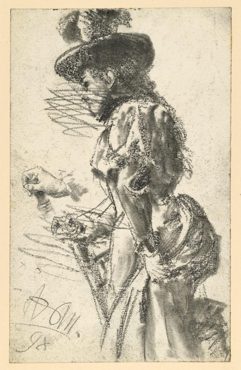 Dame mit Hut vom Stuhl aufstehend, Kniestück nach links, Hand und Gesicht verworfen, die Hand wiederholt