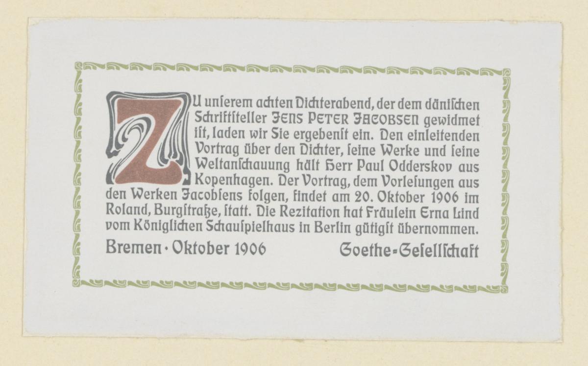 Einladung zum Dichterabend, dem dänischen Schriftsteller Jens Peter Jacobsen gewidmet