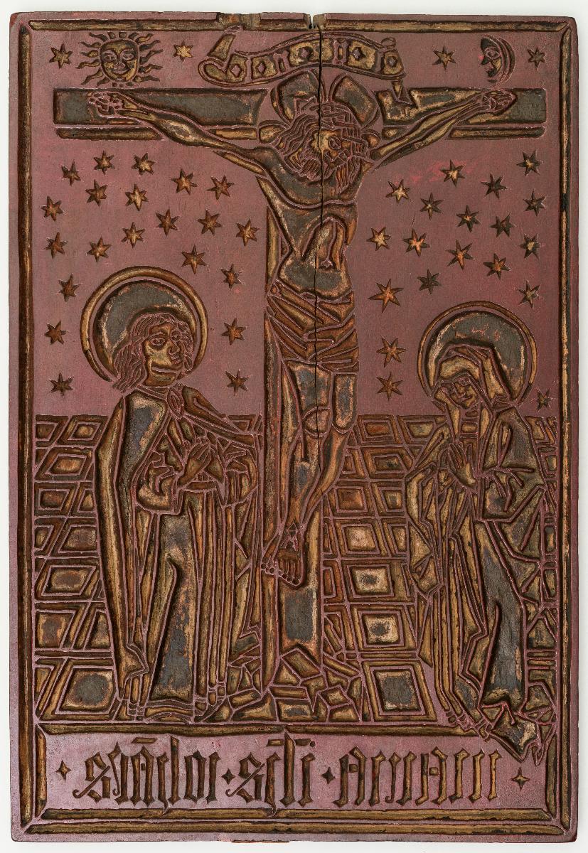 Kreuzigung Christi mit Maria und Johannes auf Kachelboden