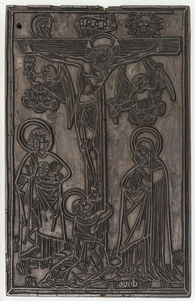 Maria, Magdalena und Johannes. Mit zwei Engeln, Sonne und Mond