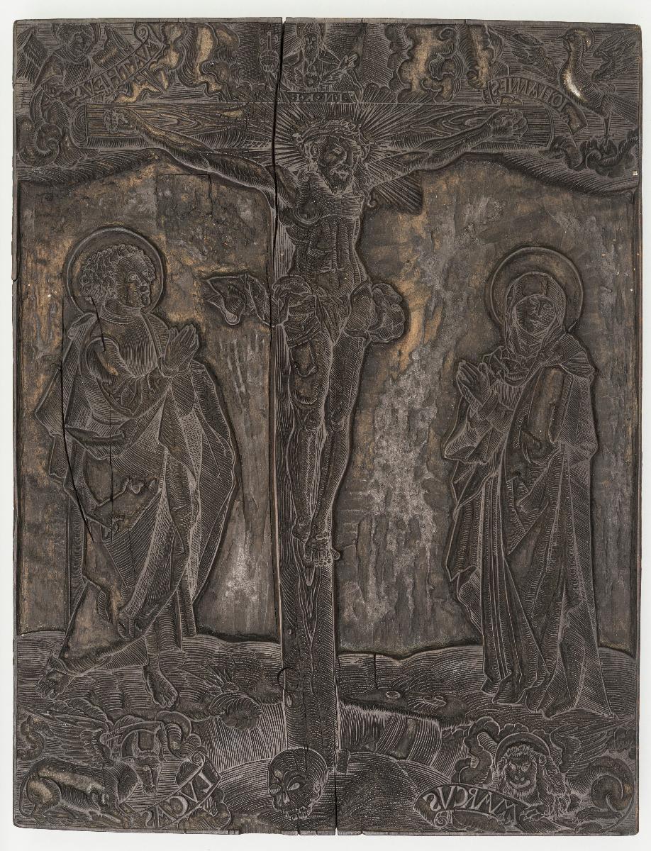 Christus am Kreuz mit Maria und Johannes und Evangelistensymbolen mit Schriftbändern Nach Dürer (B 56) ?