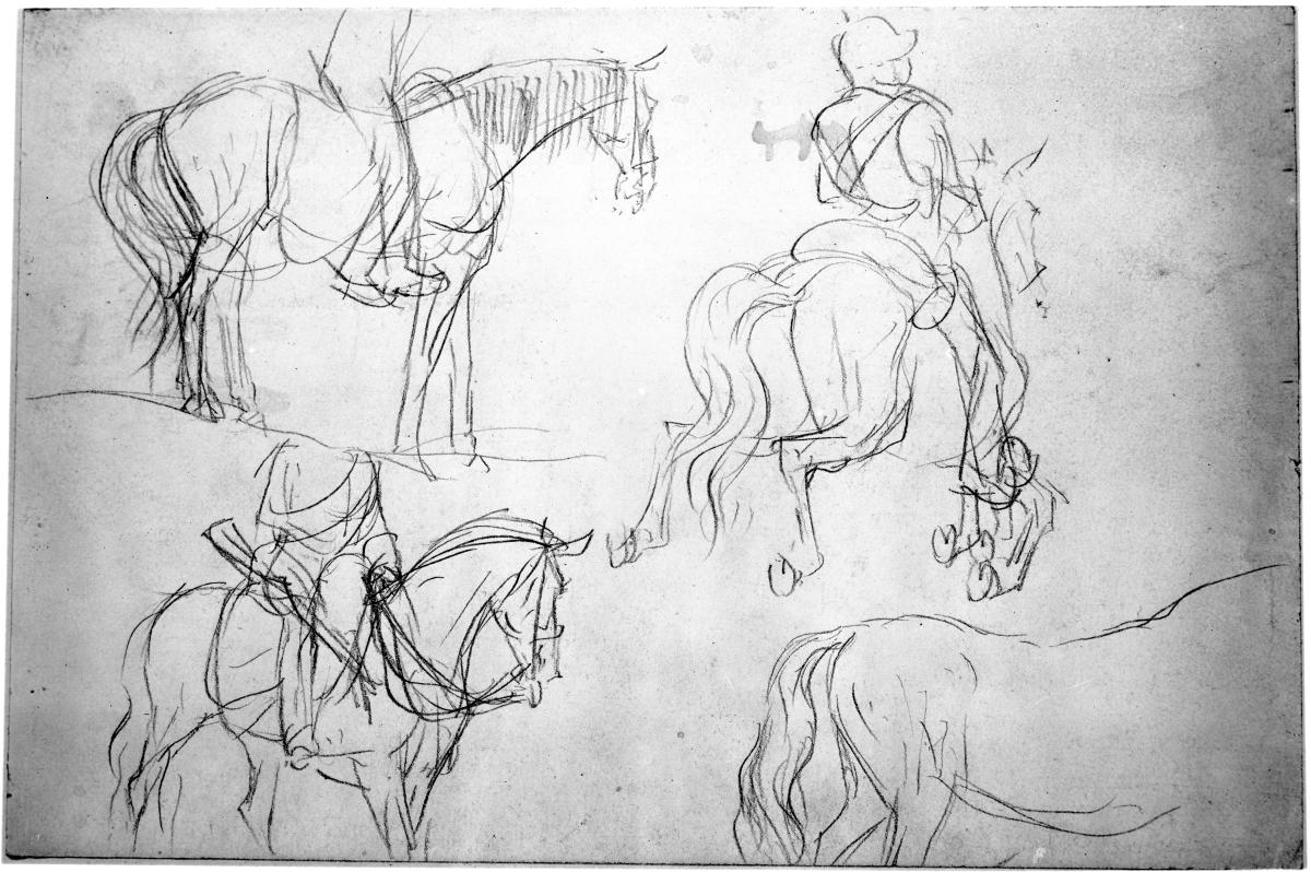 Drei Kavalleristen nach rechts, Pferdestudie