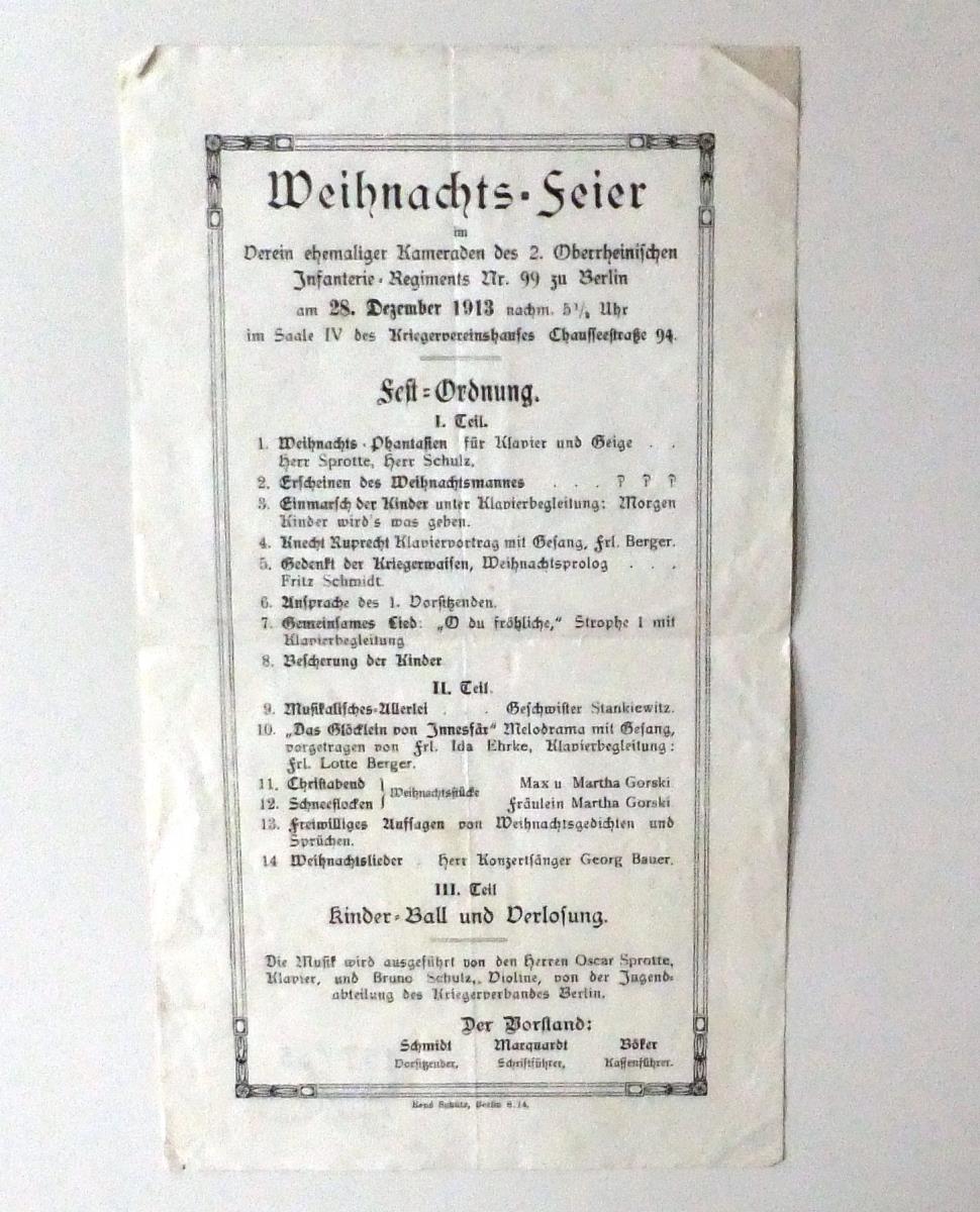 Weihnachts-Feier im verein ehemaliger Kameraden des 2. Oberrheinischen Infanterie-Regiments Nr. 99 zu Berlin, am 28. Dezember 1913