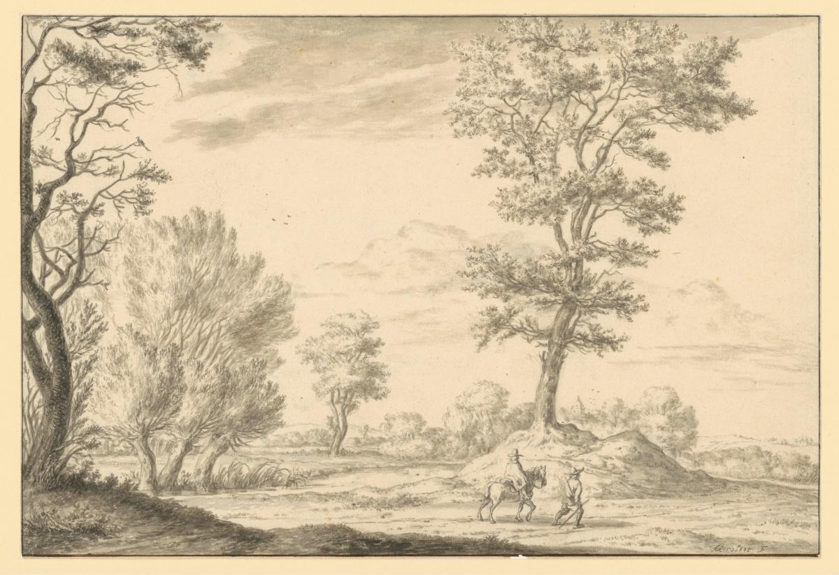 Landschaft mit Gewässer und hohen Bäumen